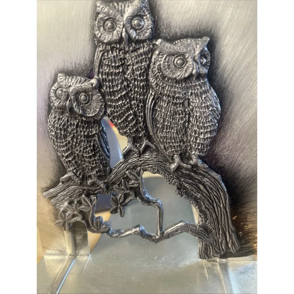 Vintage Owl Bookends Pewter Antiqued Metal Book Ends Three Owls MCM Set of 2 EUC